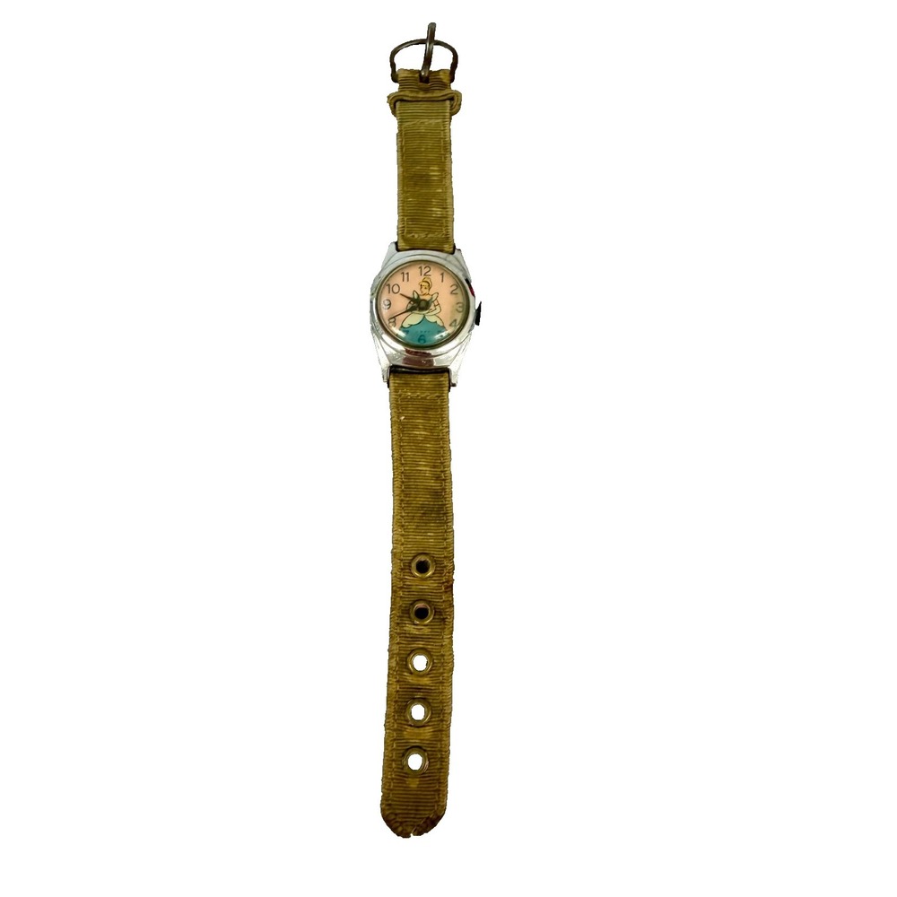 Vintage US Time Cinderella Watch Disney Princess‎ Mechanical Wind Up Green Strap